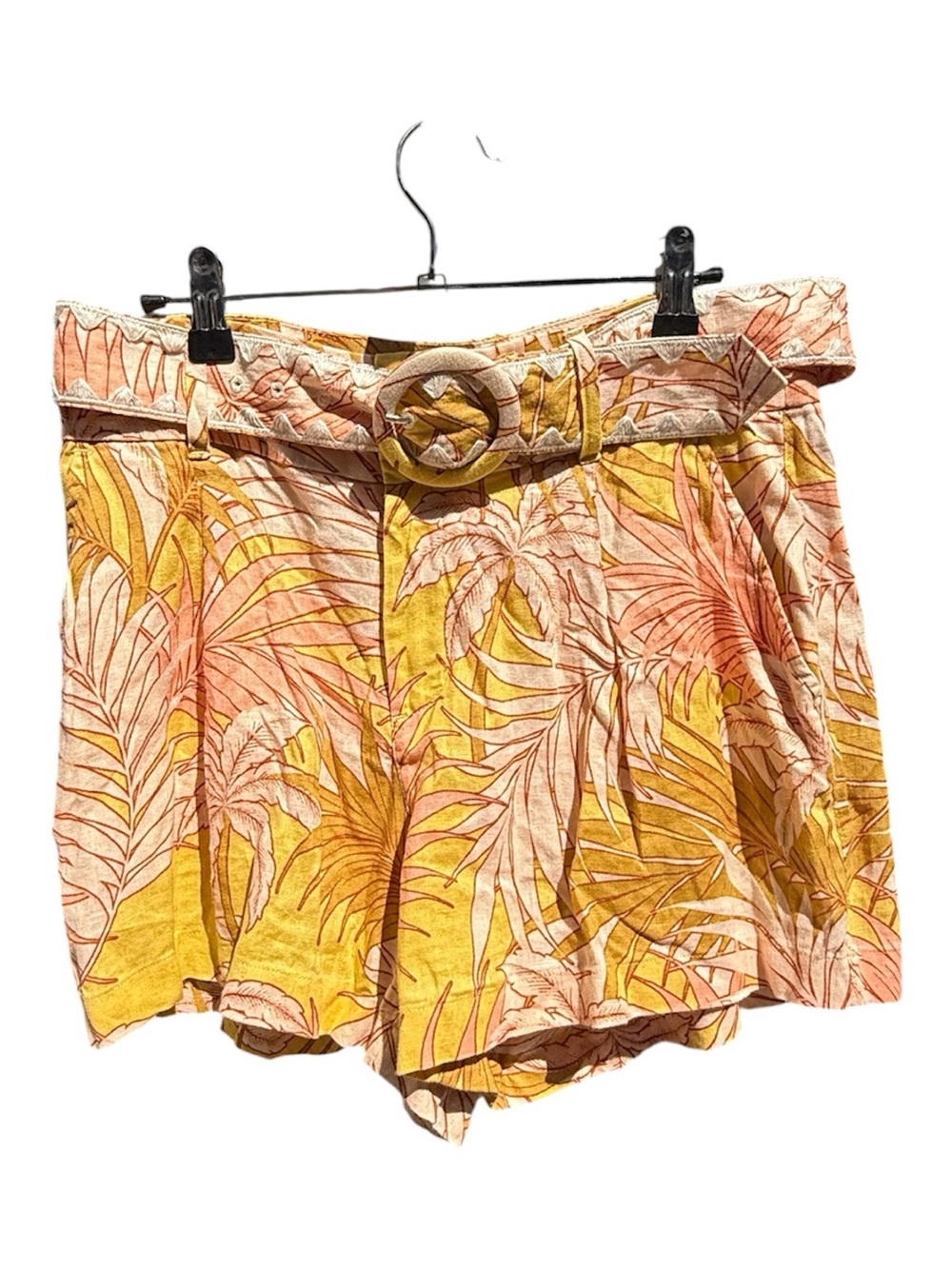 Tahari Yellow and Pink Tropical High-Waist Linen Shorts with Belt